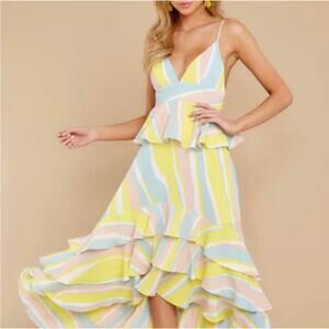 Buddy Love Georgia Pastel Colorful Striped Ruffle Tiered High Low Midi Dress XS
